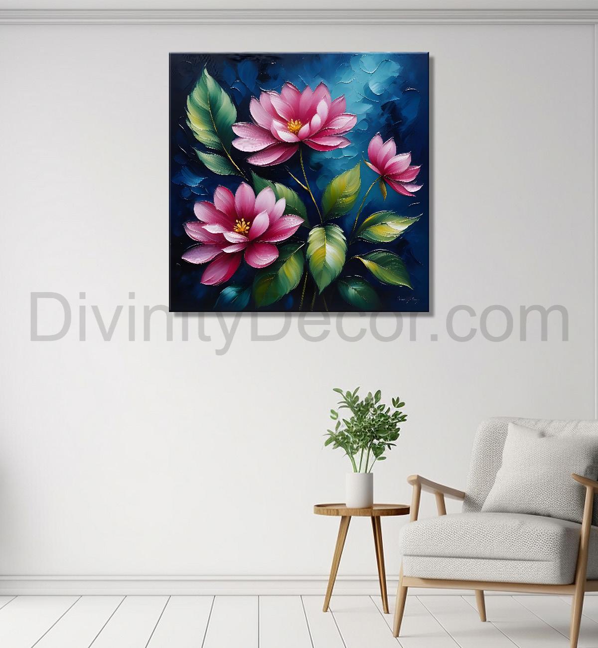 Pink flowers in navy blue textured painting Flower-S-570