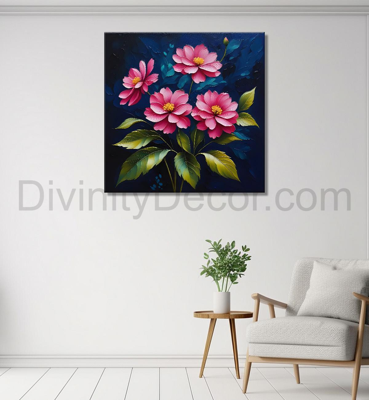 Pink flowers in navy blue textured painting Flower-S-571