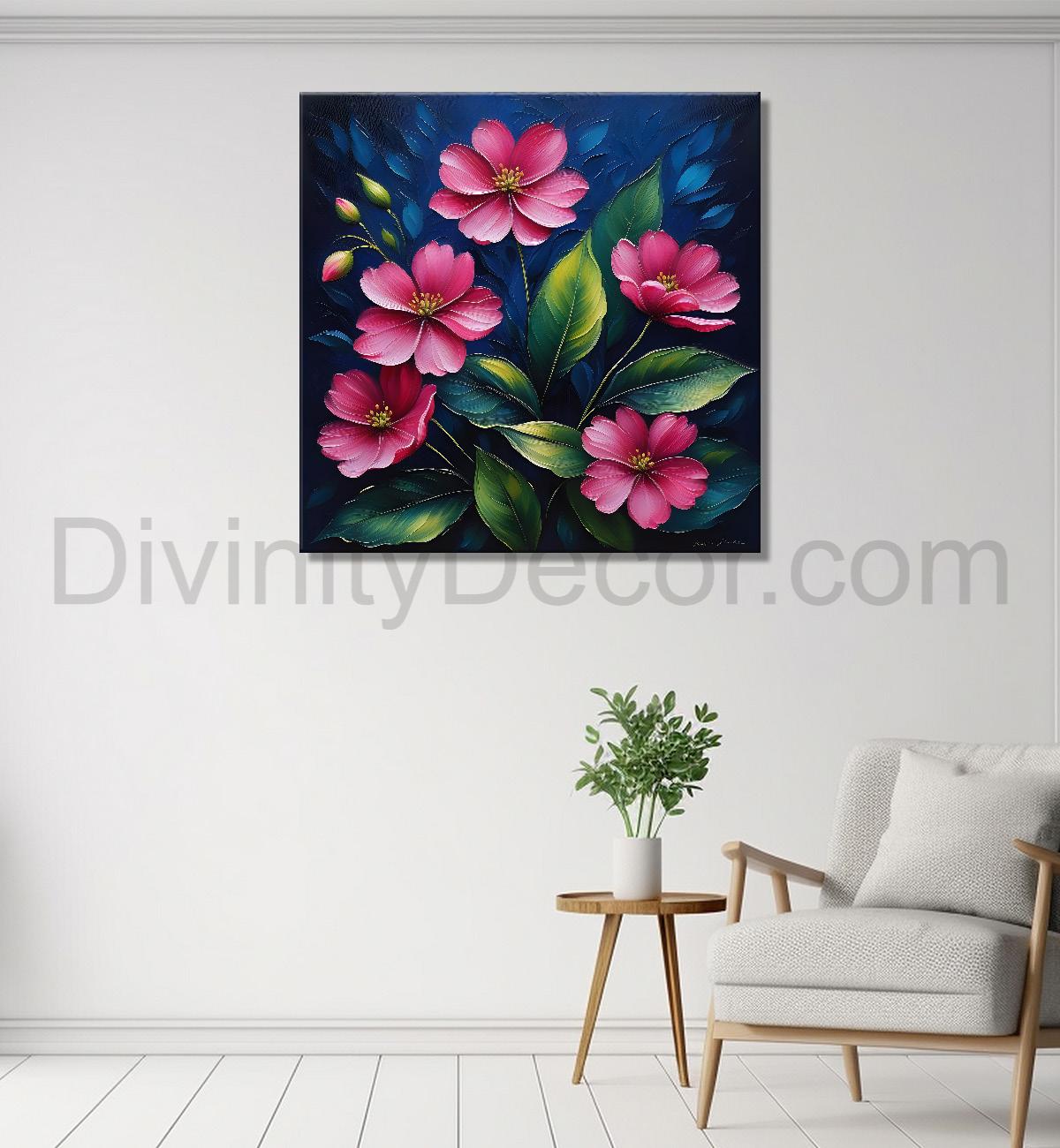Pink flowers in navy blue textured painting Flower-S-572