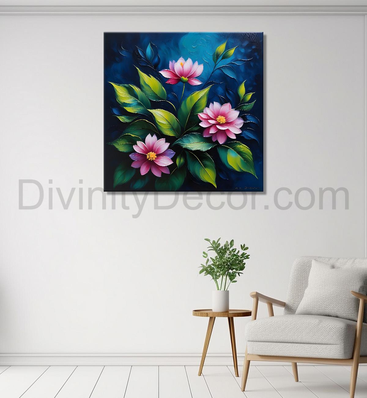 Pink flowers in navy blue textured painting Flower-S-573