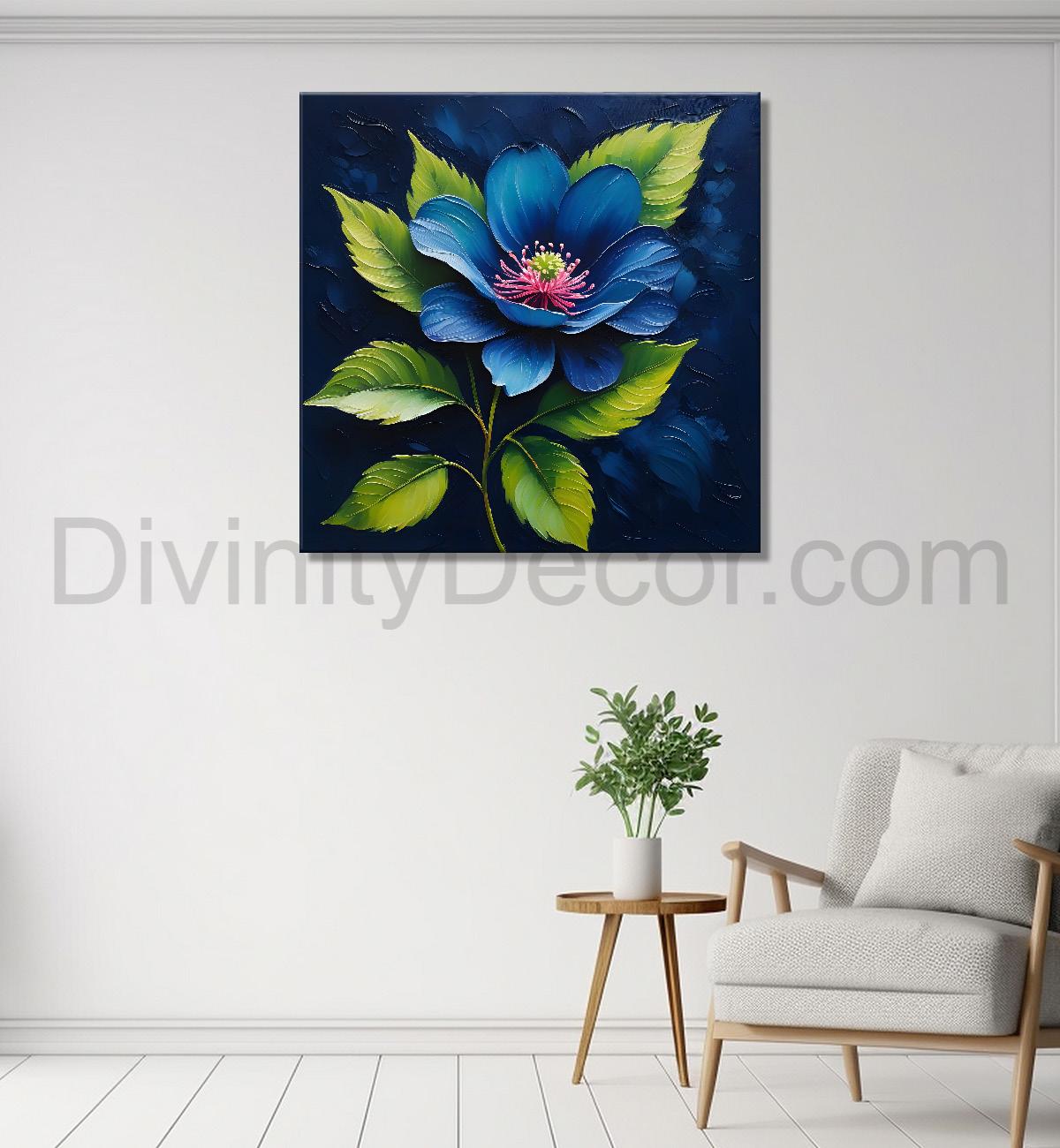 Pink flowers in navy blue textured painting Flower-S-574