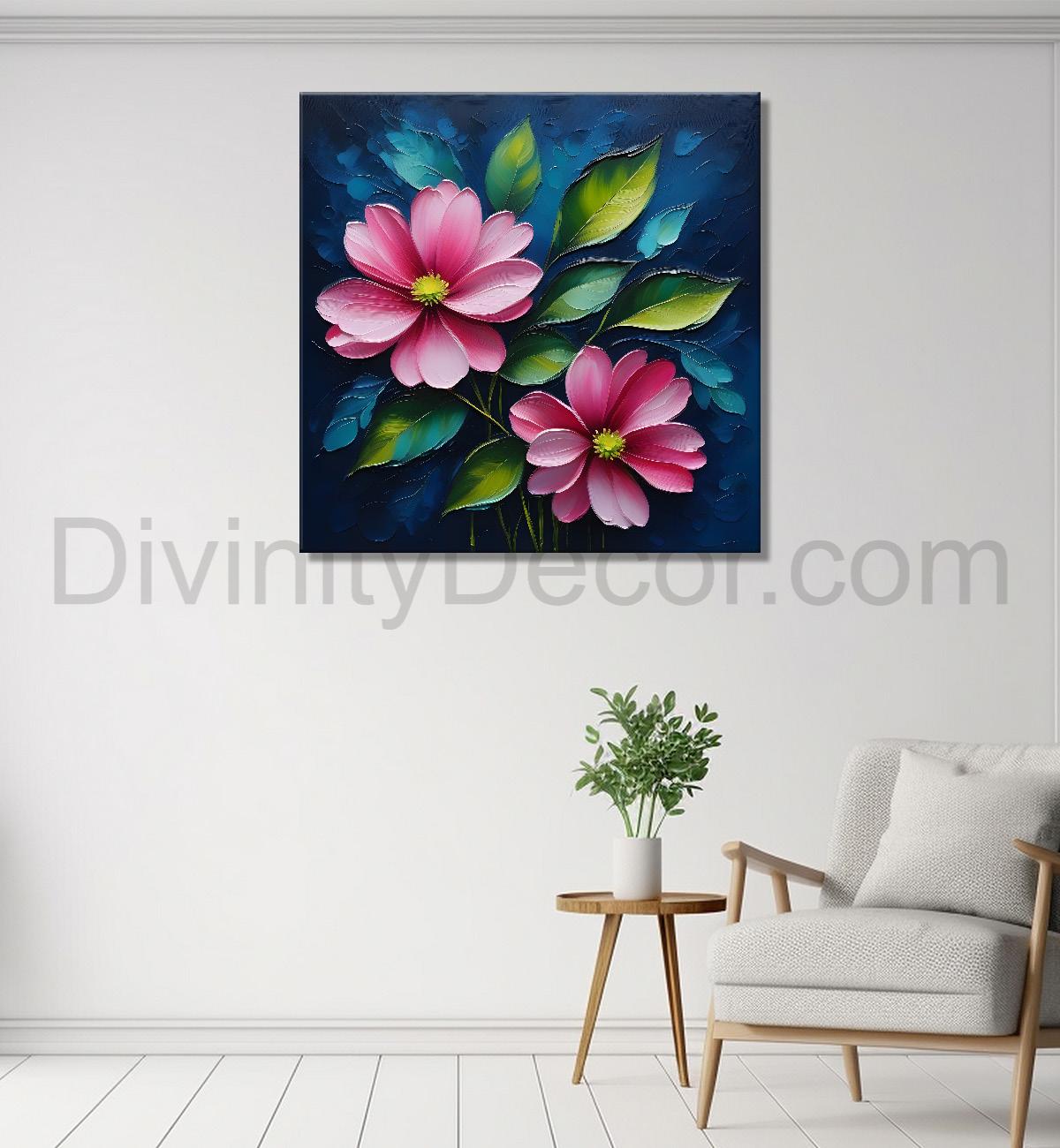 Pink flowers in navy blue textured painting Flower-S-576