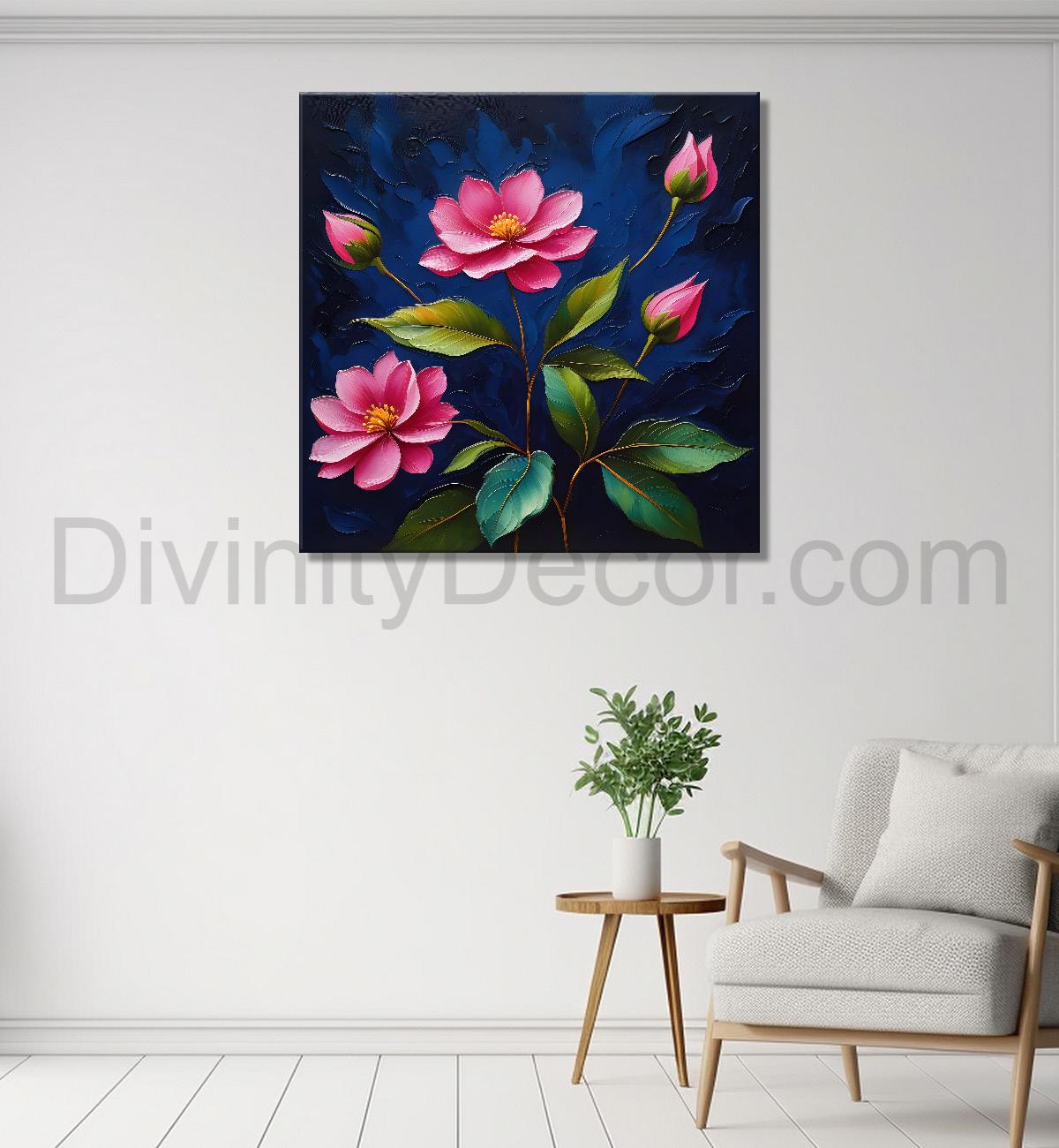 Pink flowers in navy blue textured painting Flower-S-577