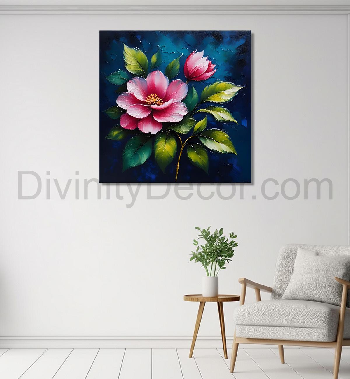Pink flowers in navy blue textured painting Flower-S-578
