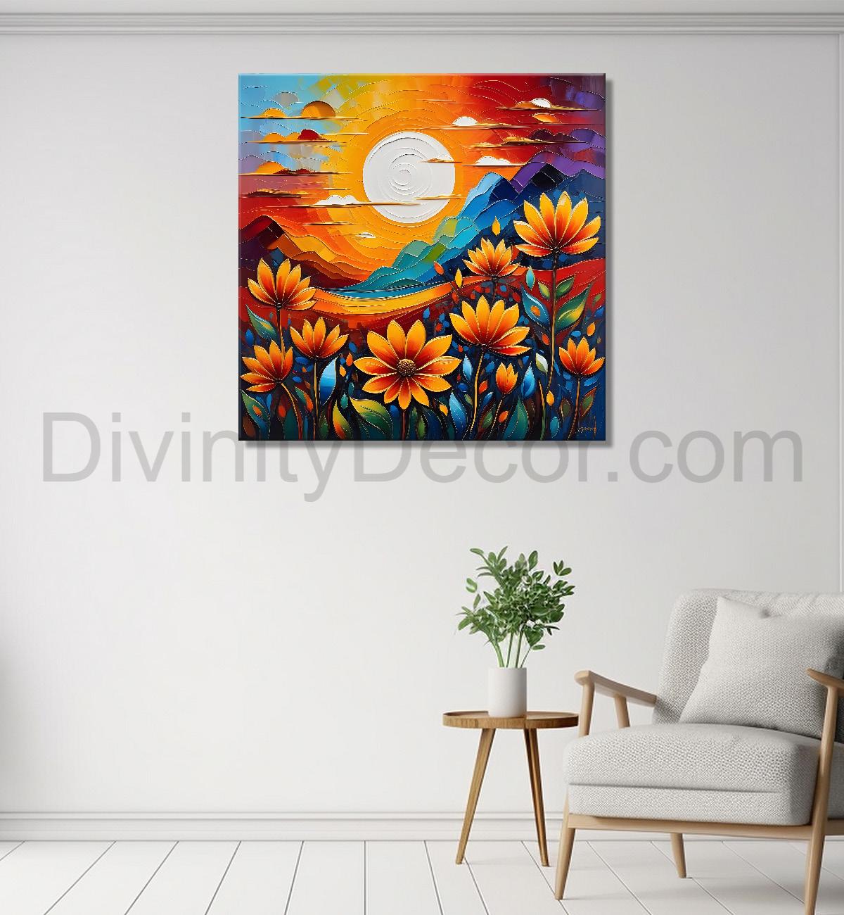 Sunflowers with the sunrise textured oil painting Flower-S-581