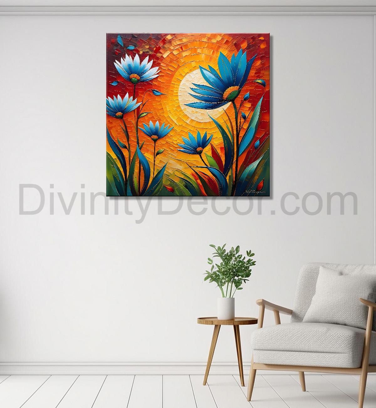 Blue flowers with the sunrise textured oil painting Flower-S-582