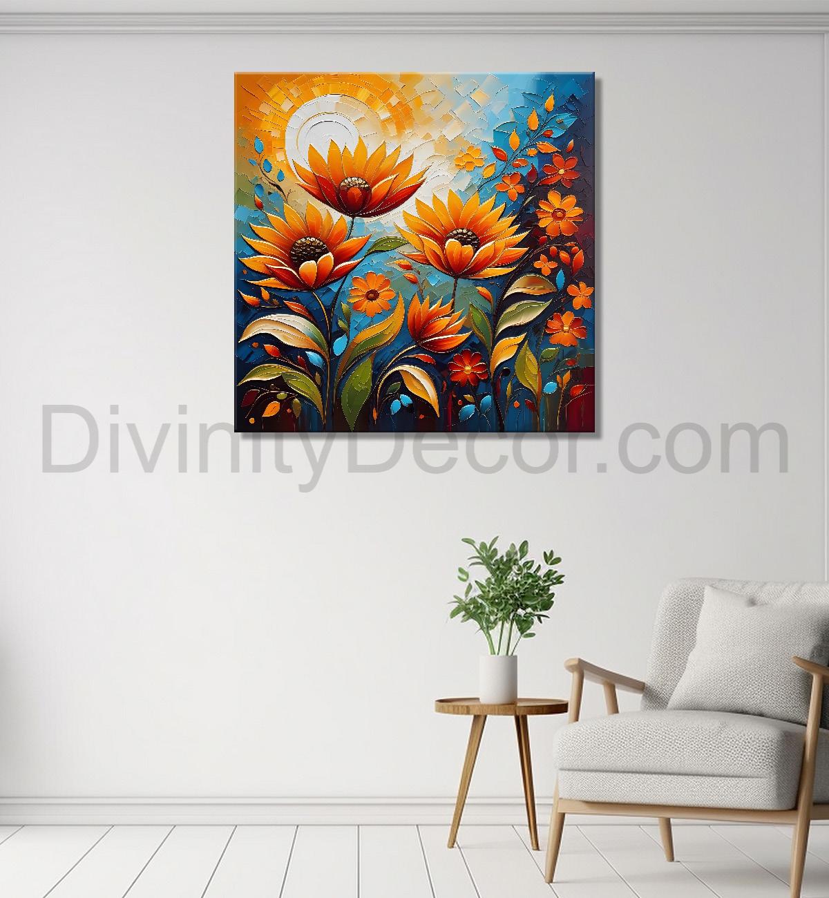 Sunflowers with the sunrise textured oil painting Flower-S-583