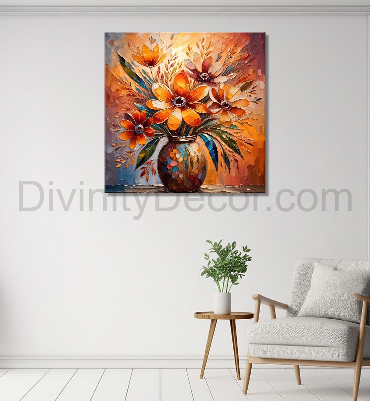 Brown flowers in a vas with yellow textured oil painting Flower-S-584