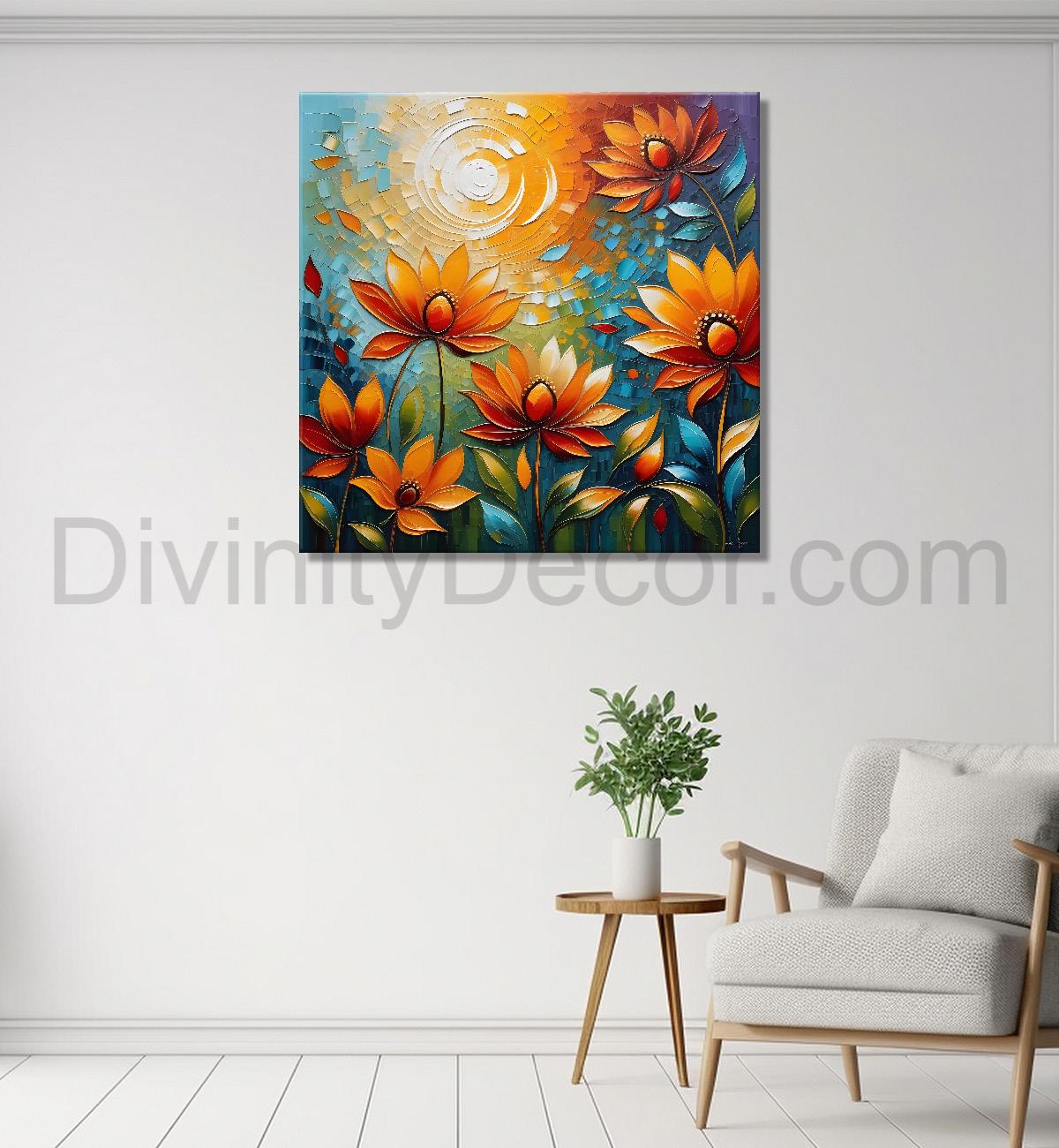 Pink flowers with colourful textured oil painting Flower-S-587