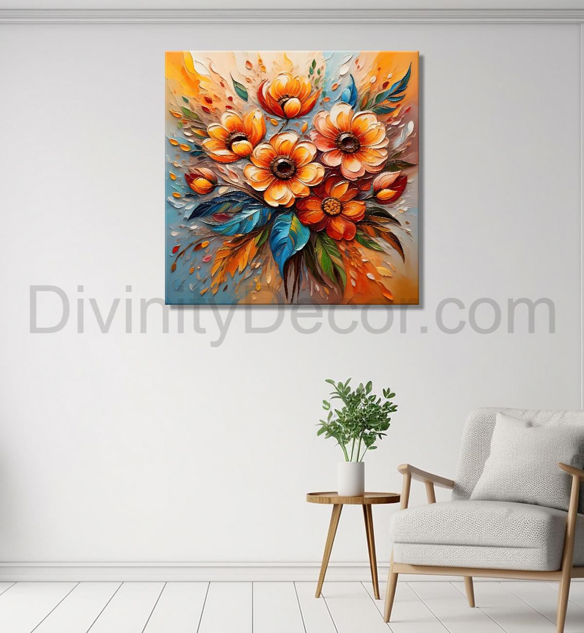 Pink flowers with colourful textured oil painting Flower-S-588