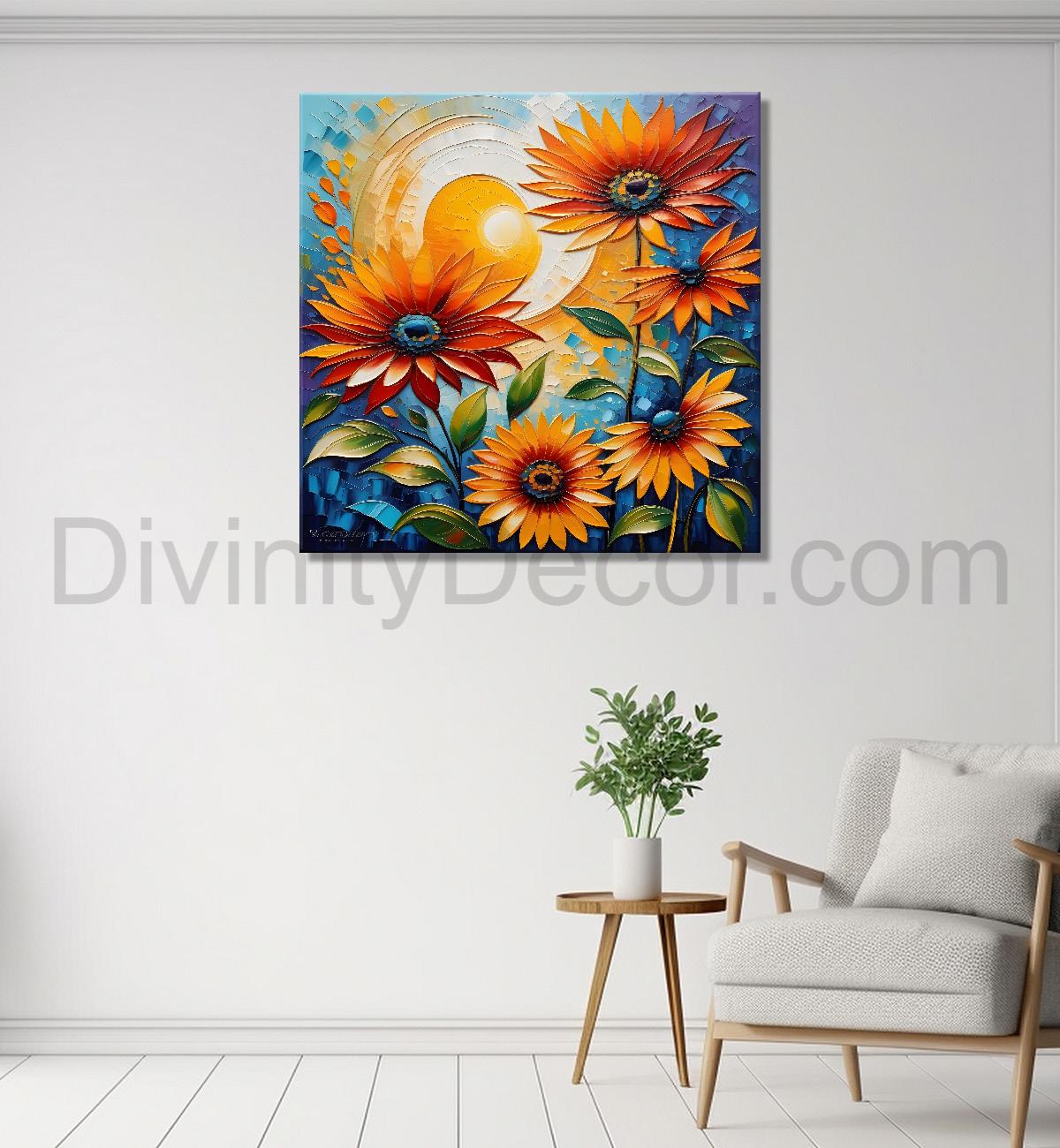 Sunflowers with the sunrise textured oil painting Flower-S-590