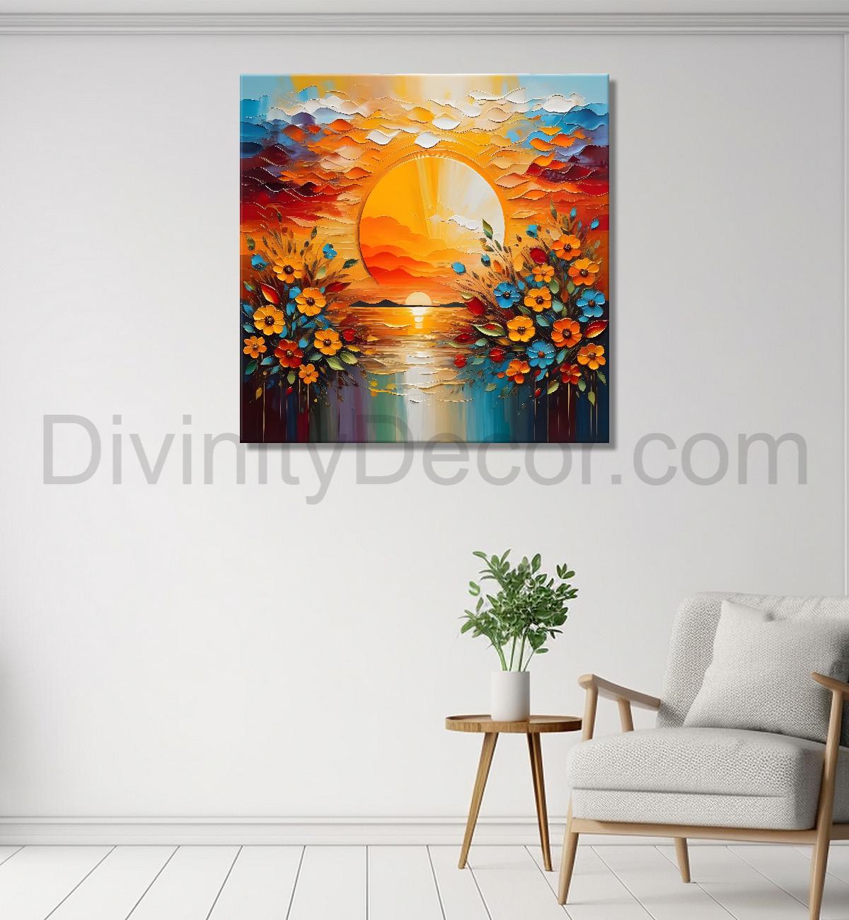 Yellow flowers with the sunrise textured oil painting Flower-S-591