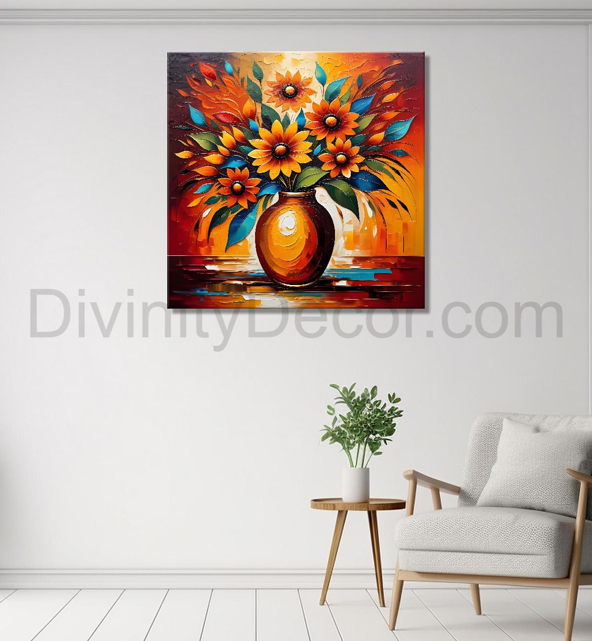 Yellow flowers in a vas with brown textured oil painting Flower-S-592