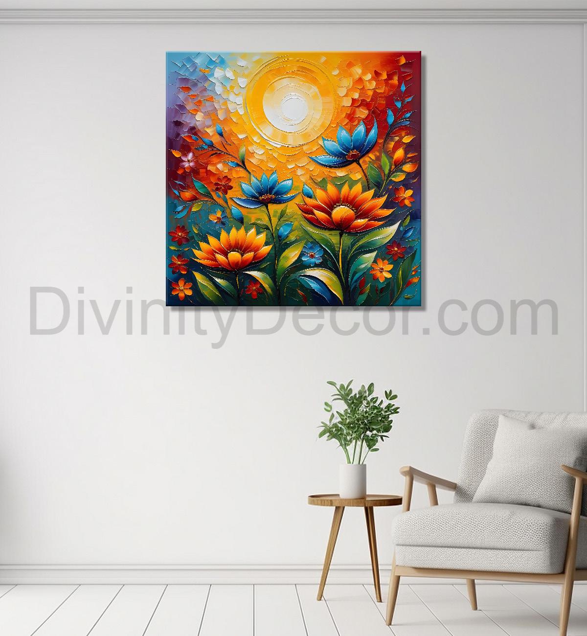 Colourful flowers with the sunrise textured oil painting Flower-S-593