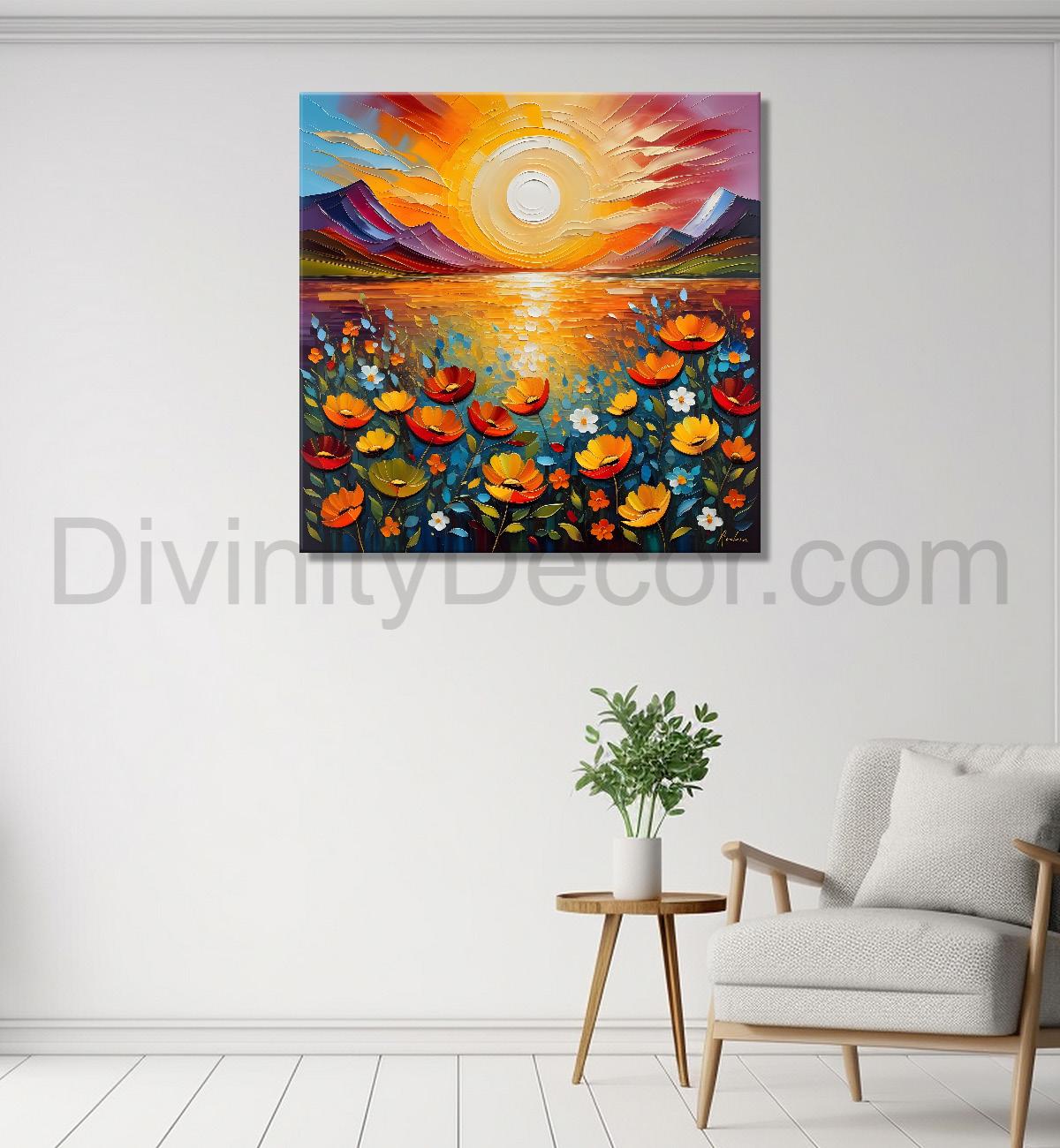 Colourful flowers with the sunrise textured oil painting Flower-S-594