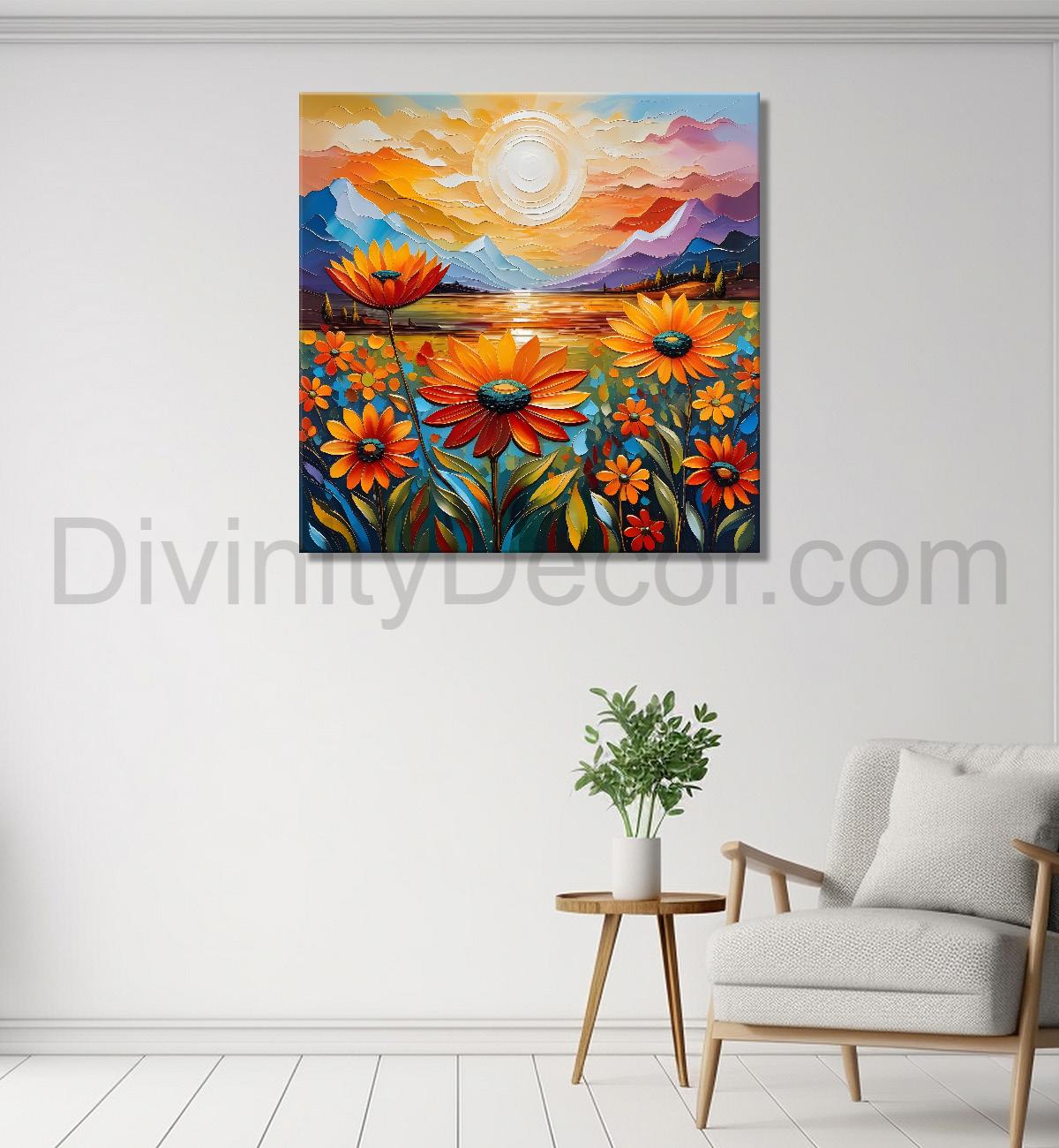Colourful flowers with the sunrise textured oil painting Flower-S-595