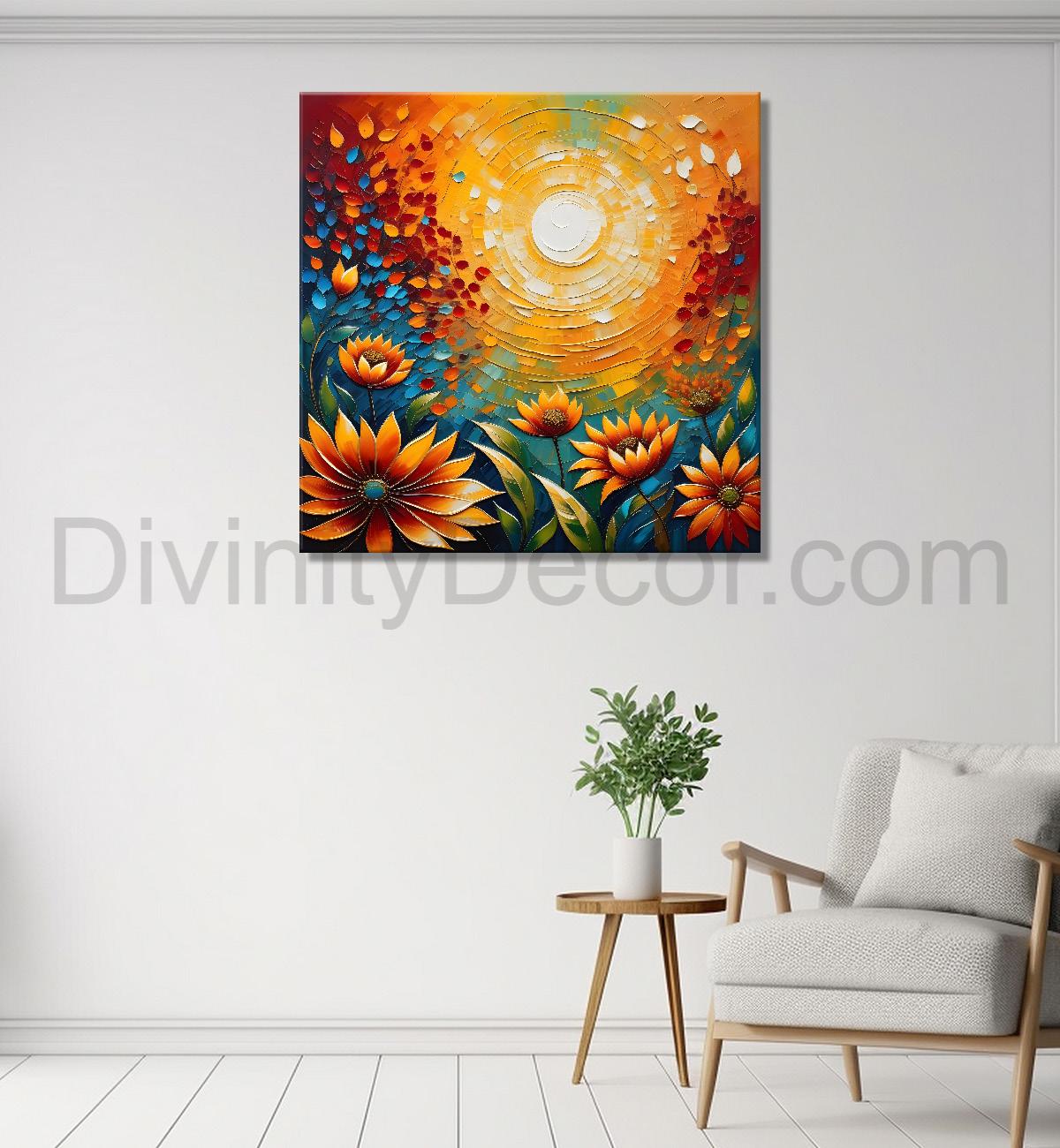 Colourful flowers with the sunrise textured oil painting Flower-S-596