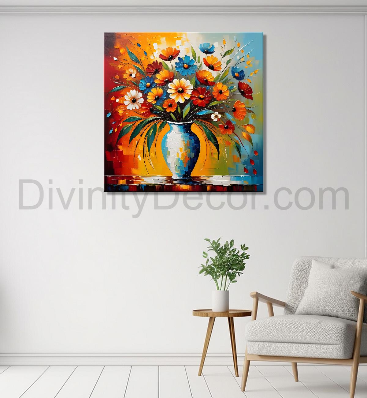 Colourful flowers in a vas with colourful textured oil painting Flower-S-597
