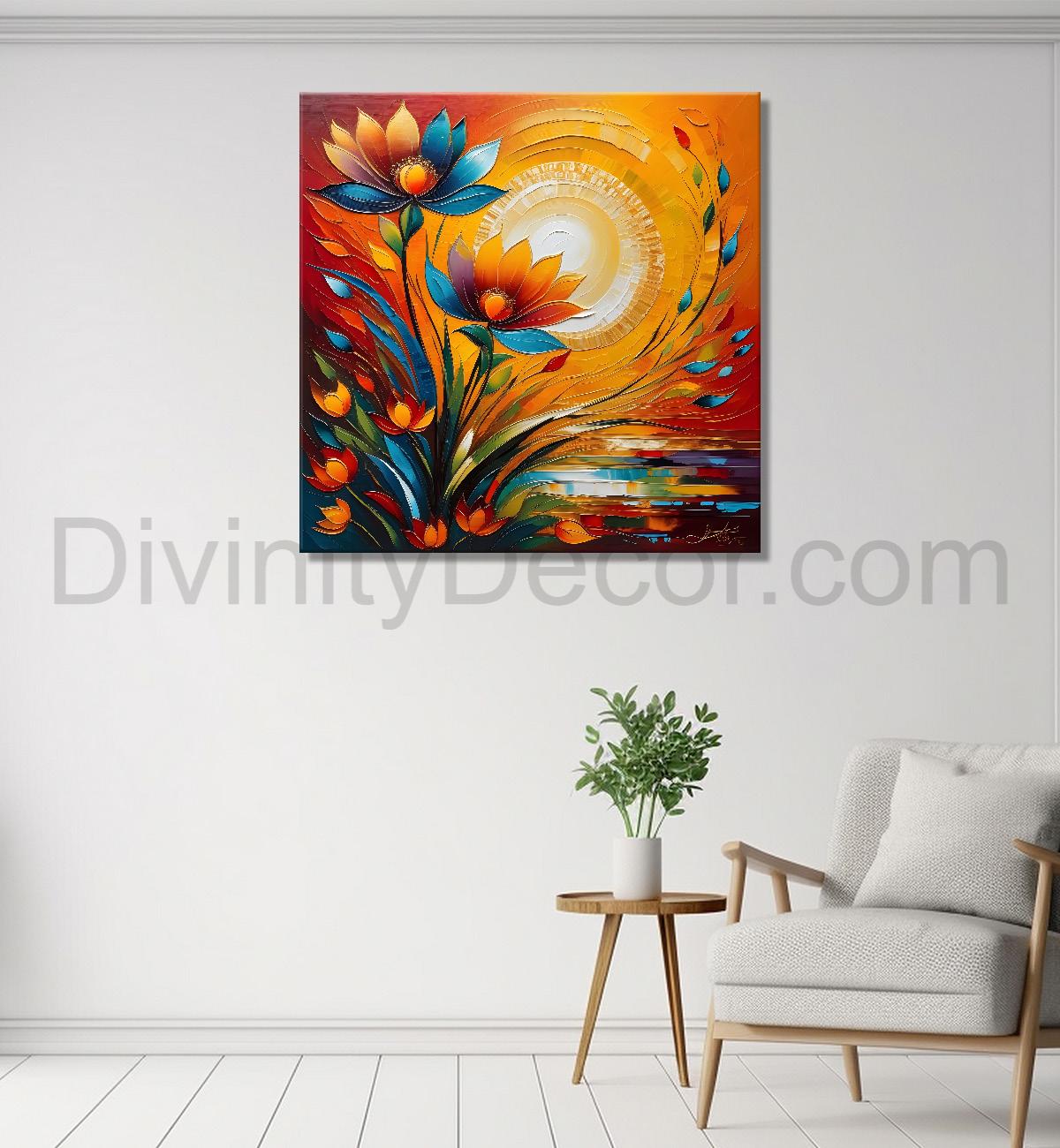 Colourful flowers with the sunrise textured oil painting Flower-S-598
