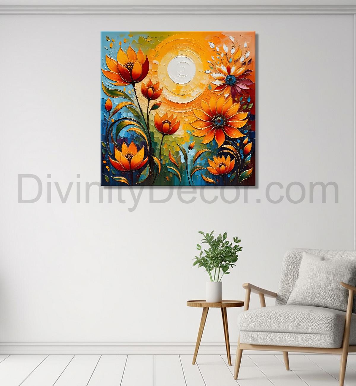 Yellow flowers with the sunrise textured oil painting Flower-S-599