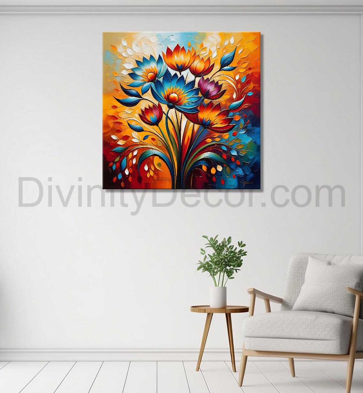 Colourful flowers in a vas with colourful textured oil painting Flower-S-600