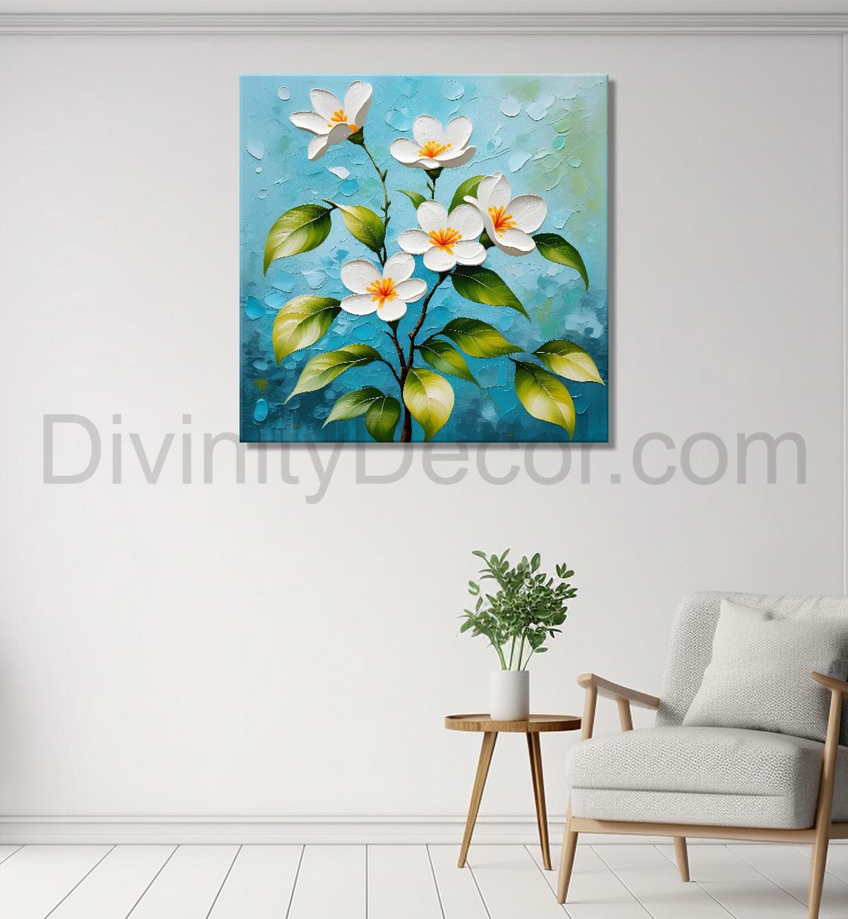 White flowers with blue textured painting - Flower-S-601