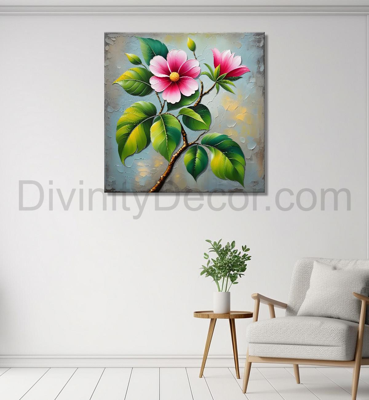 Pink flowers with grey background textured painting - Flower-S-602