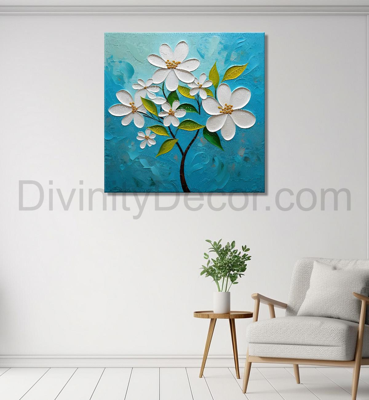 White flowers with blue textured painting - Flower-S-603