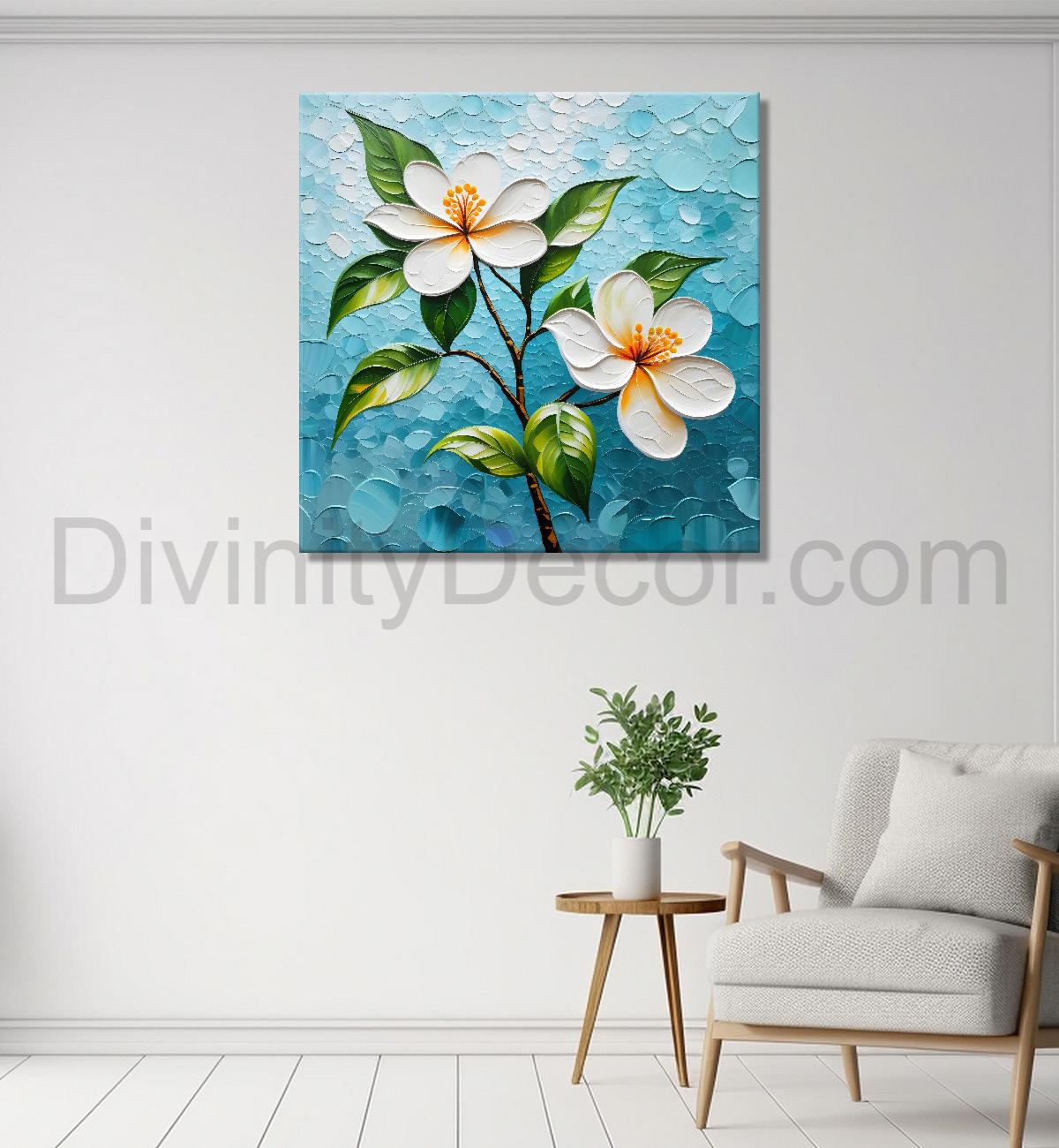 White flowers with blue textured painting - Flower-S-604
