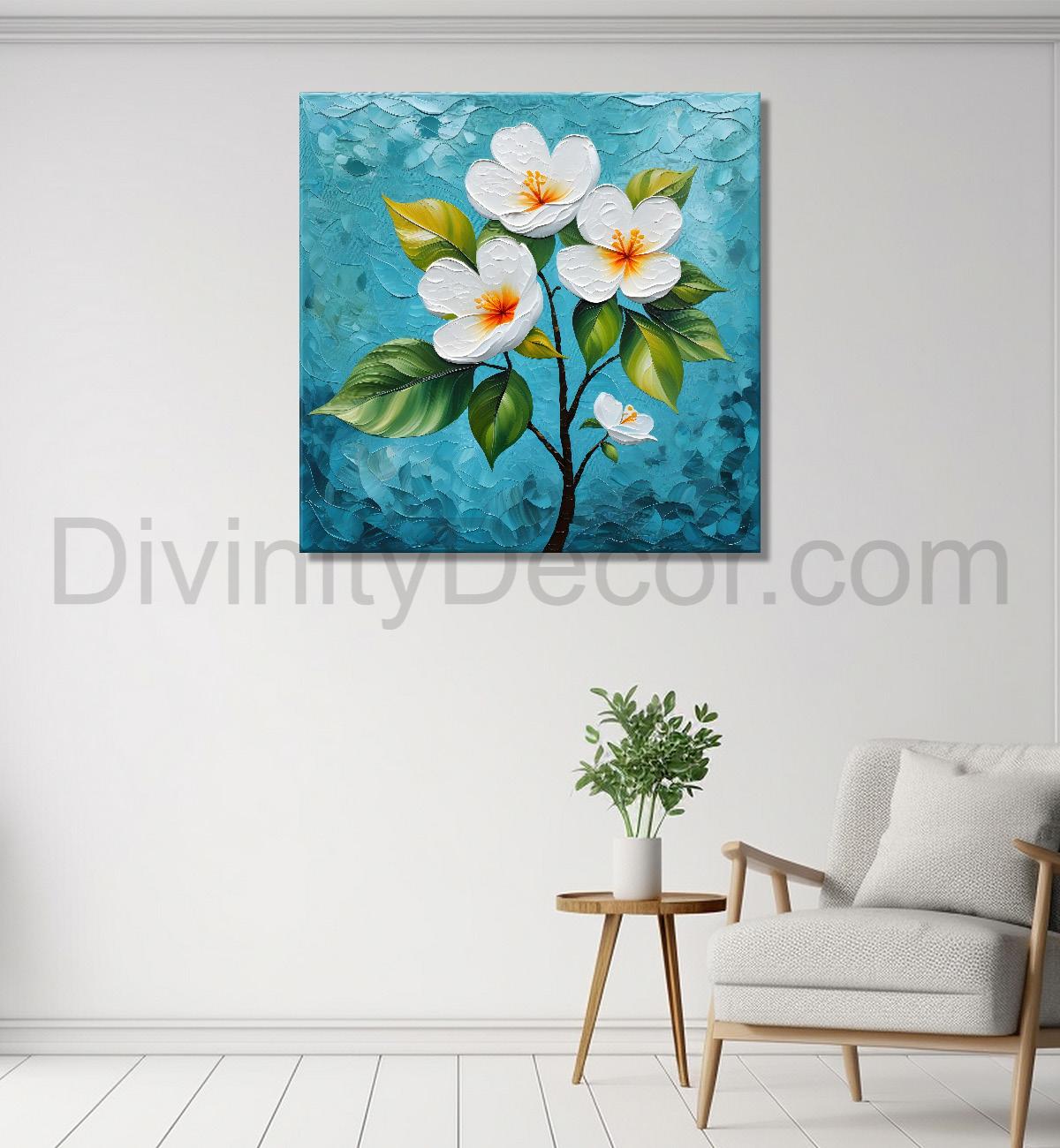 White flowers with blue textured painting - Flower-S-605