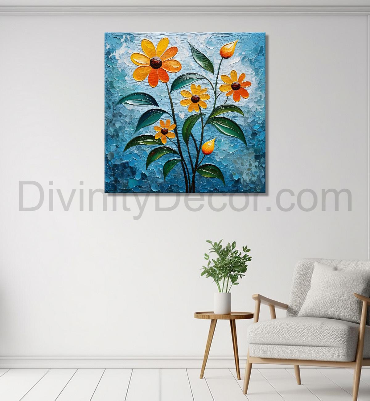 Orange flowers with blue textured painting - Flower-S-606
