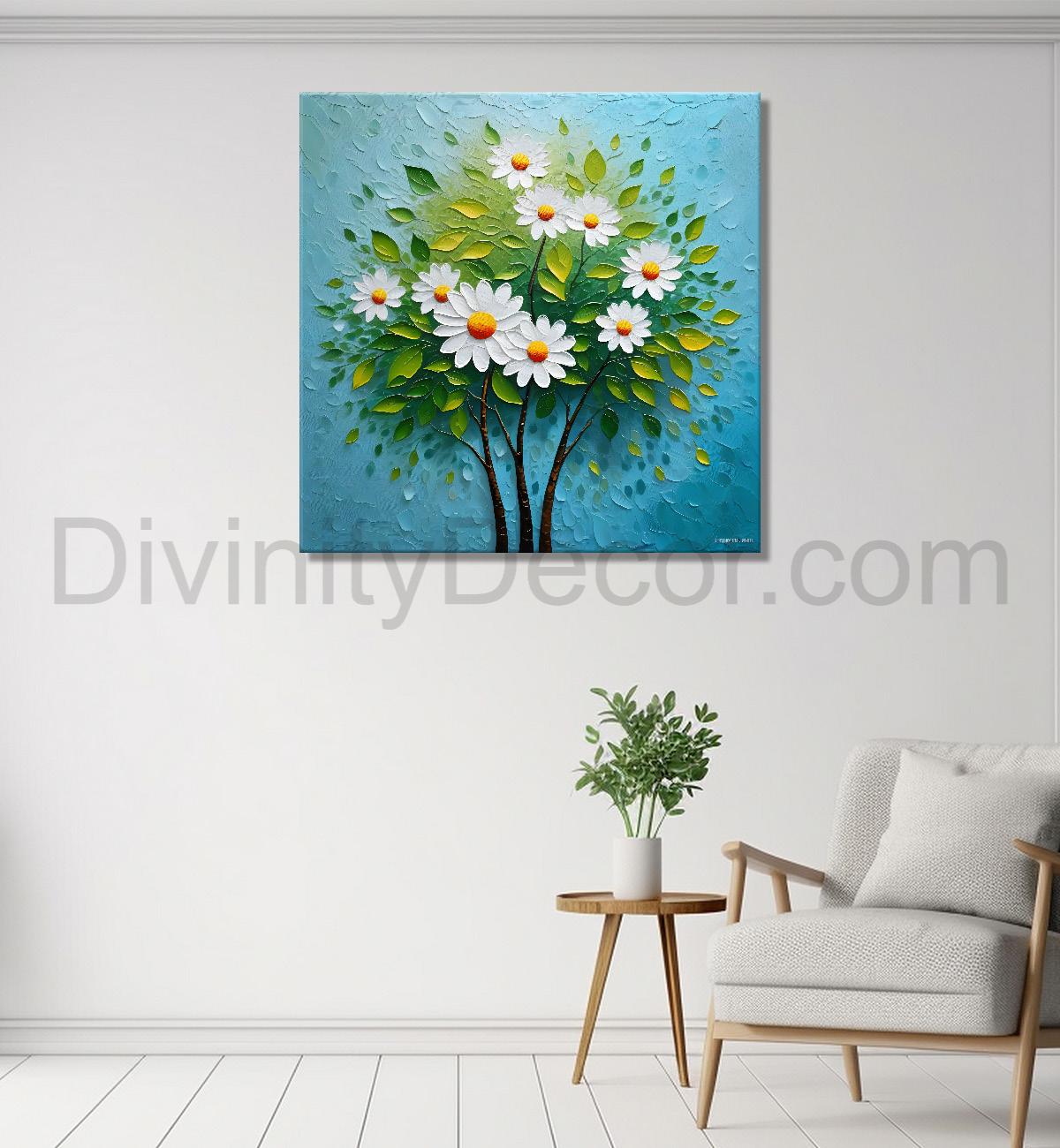 White flowers with blue textured painting - Flower-S-607