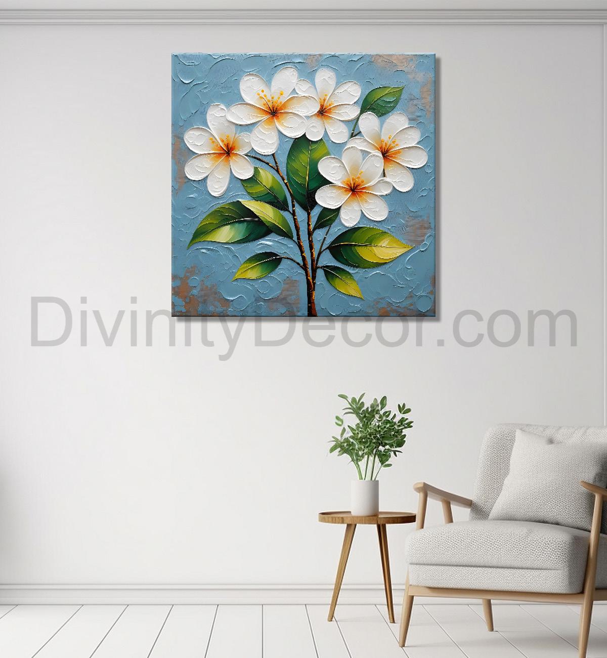 White flowers with blue textured painting - Flower-S-608