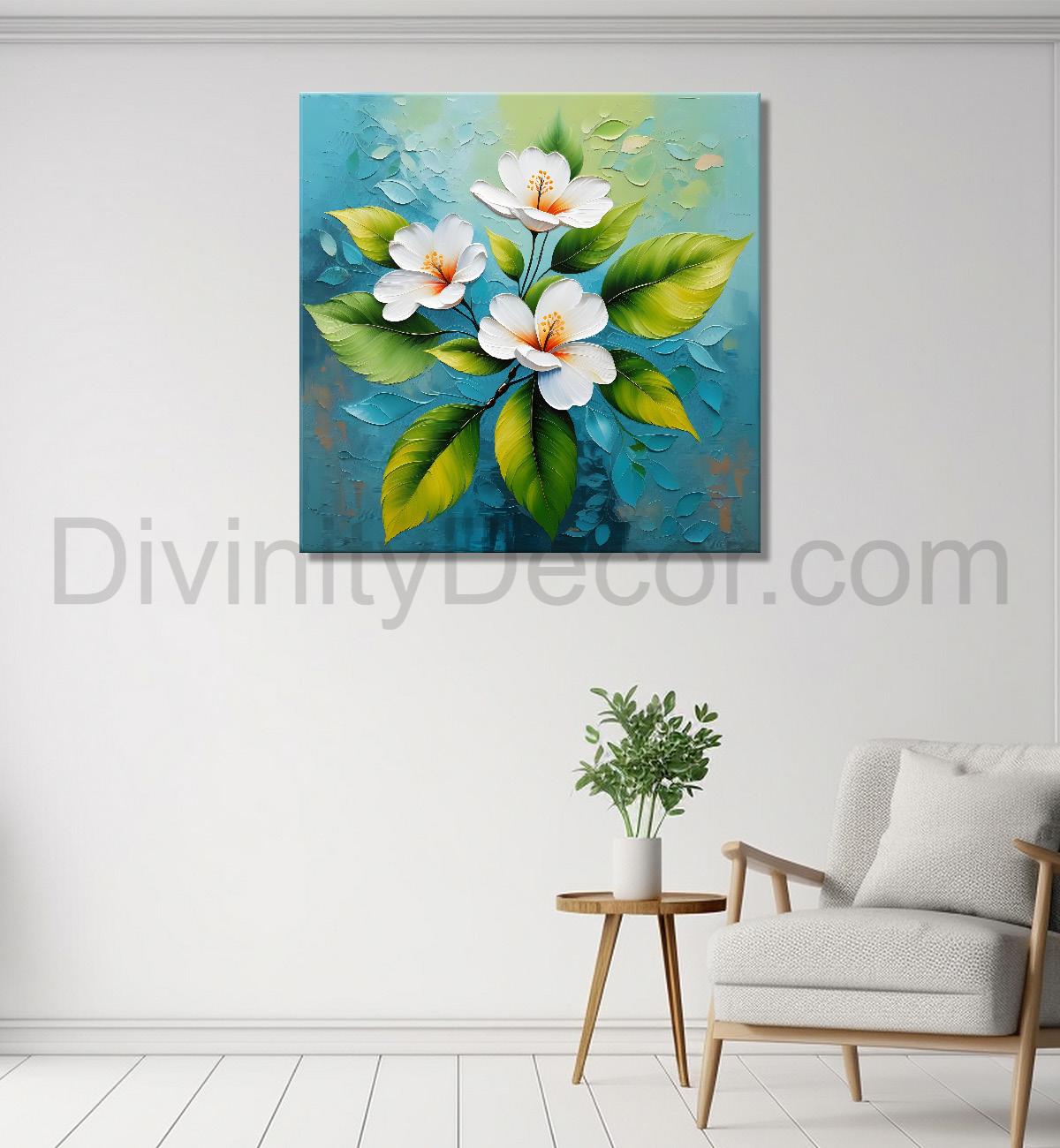 White flowers with blue textured painting - Flower-S-609