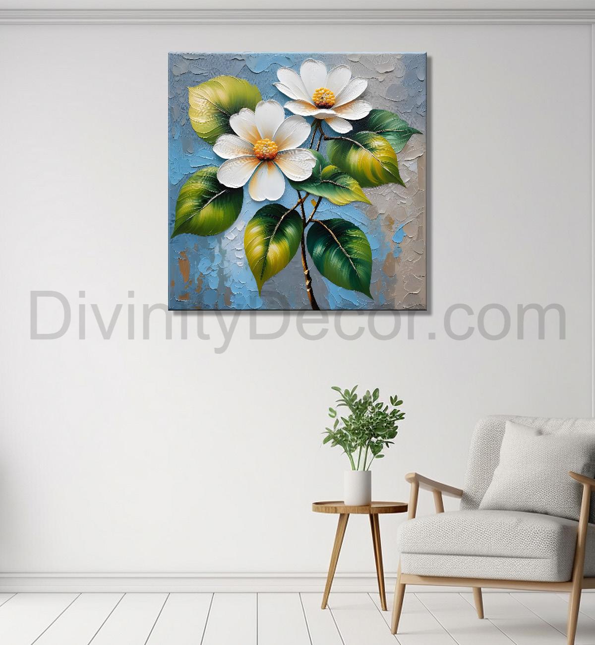 White flowers with blue textured painting - Flower-S-610