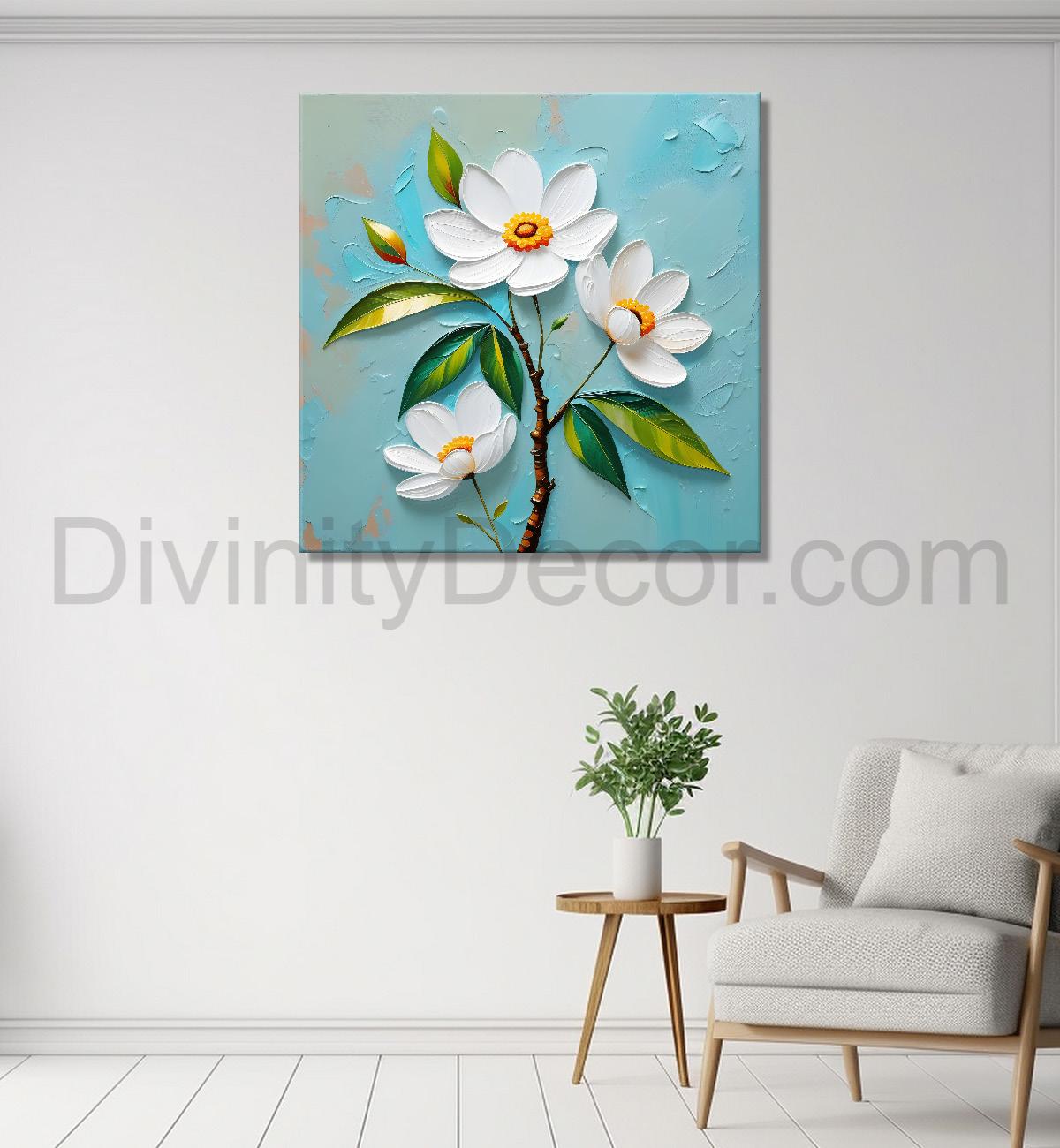 White flowers with blue textured painting - Flower-S-611
