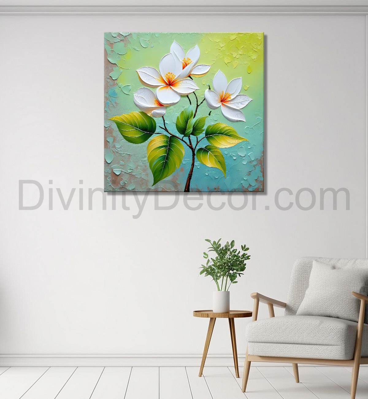 White flowers with blue textured painting - Flower-S-612