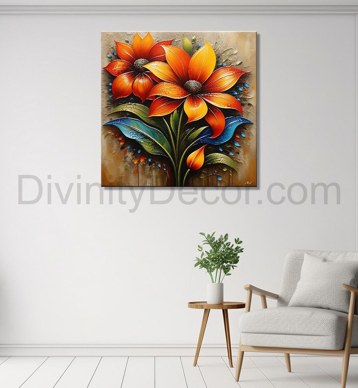 Orange flowers with brown textured painting- Flower-S-613