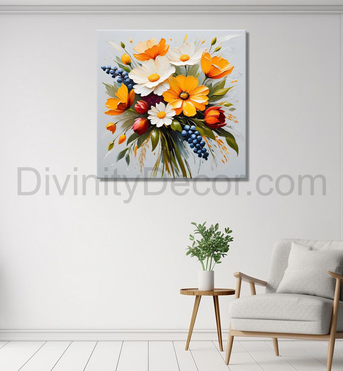 Colourful flowers with grey textured painting - Flower-S-614
