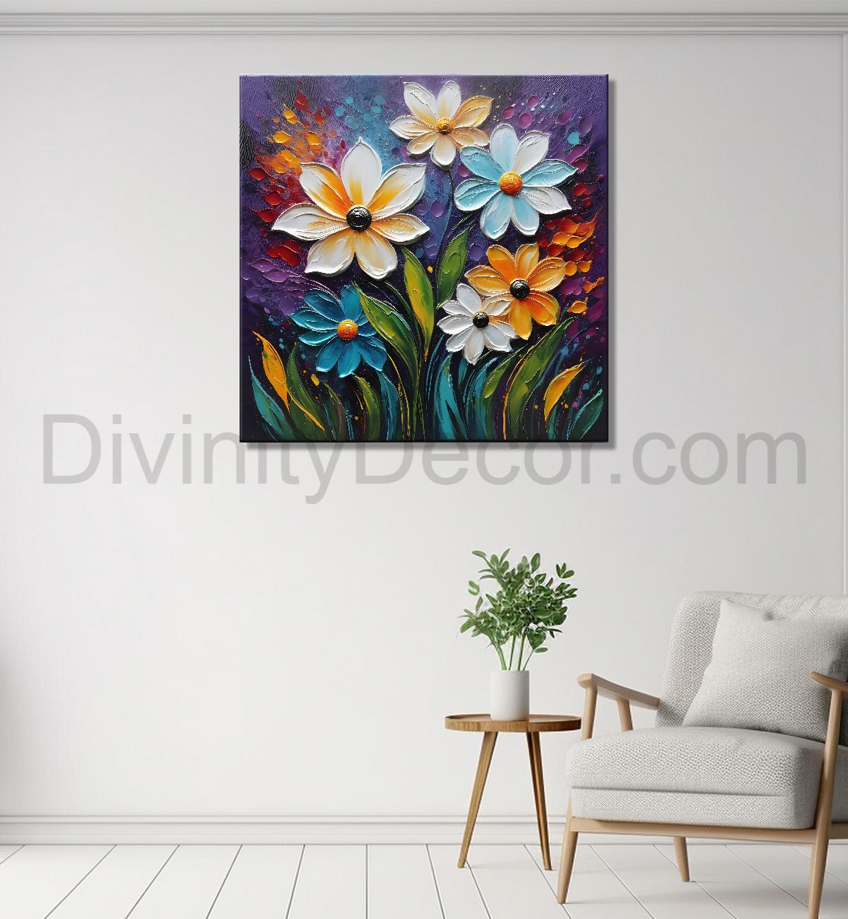 Colourful flowers with purple textured painting - Flower-S-619