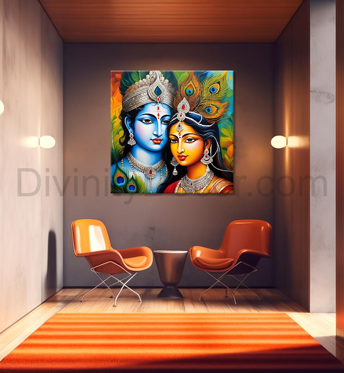 Blue face of krishna with radha in oil painting Canvas Painting 24X24- Design - Krishna-S-1
