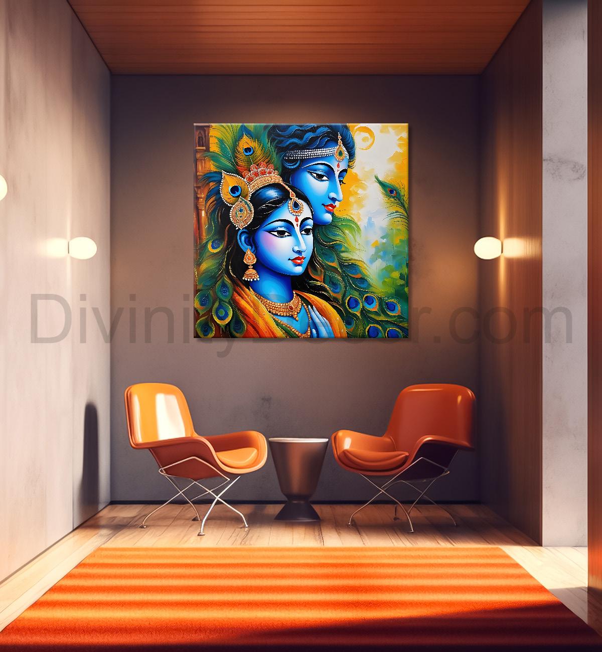 Blue face of krishna with radha in oil painting Canvas Painting 24X24- Design - Krishna-S-2