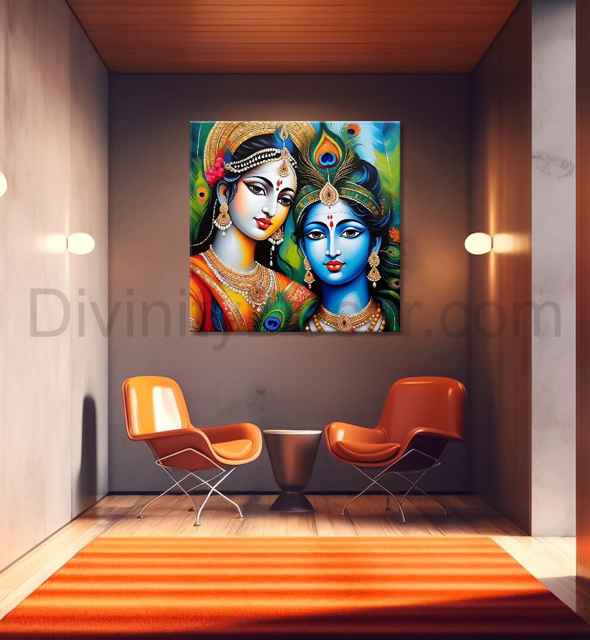 Blue face of krishna with radha in oil painting Canvas Painting 24X24- Design - Krishna-S-3