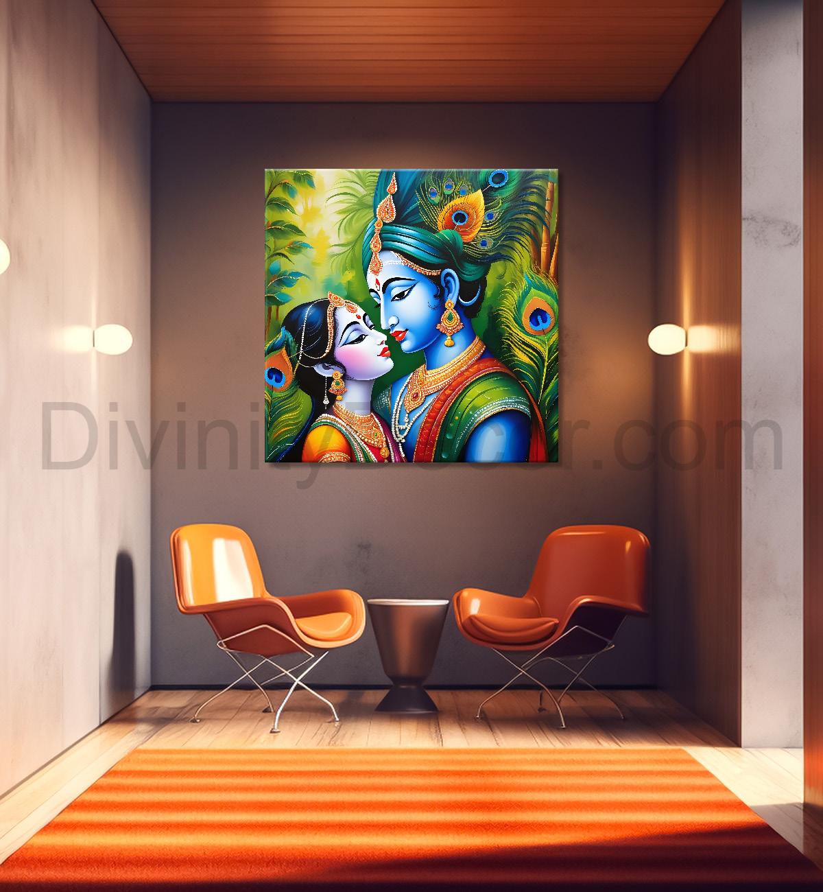 Blue face of krishna with radha in oil painting in green background Canvas Painting 24X24- Design - Krishna-S-4