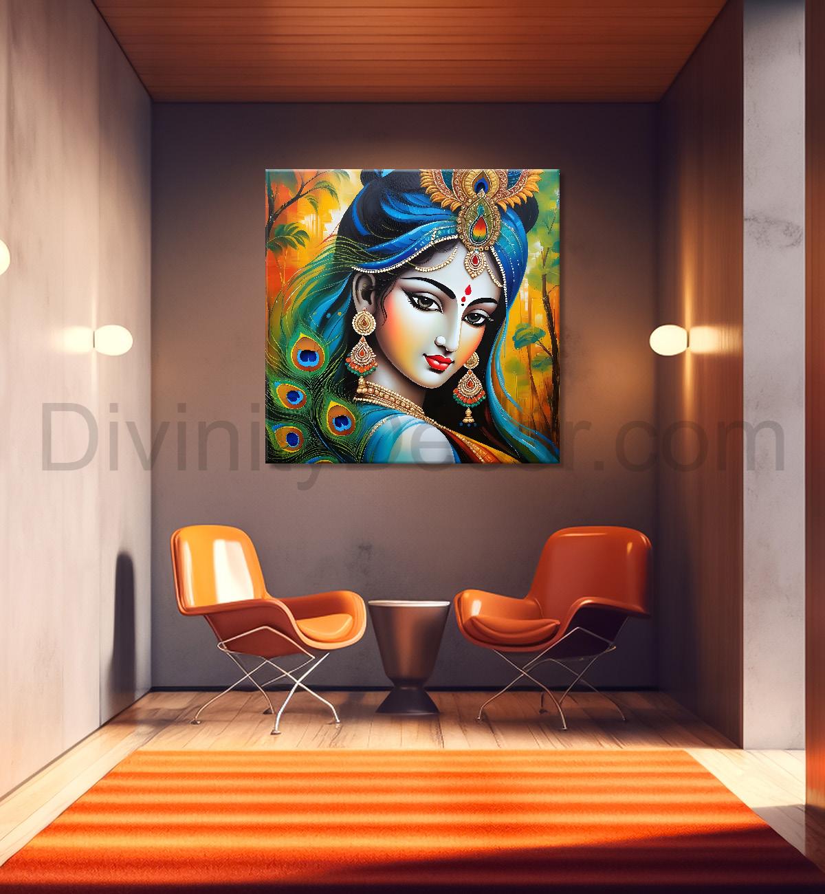 Radha with orange and peacock feathers oil painting Canvas Painting 24X24- Design - Krishna-S-5