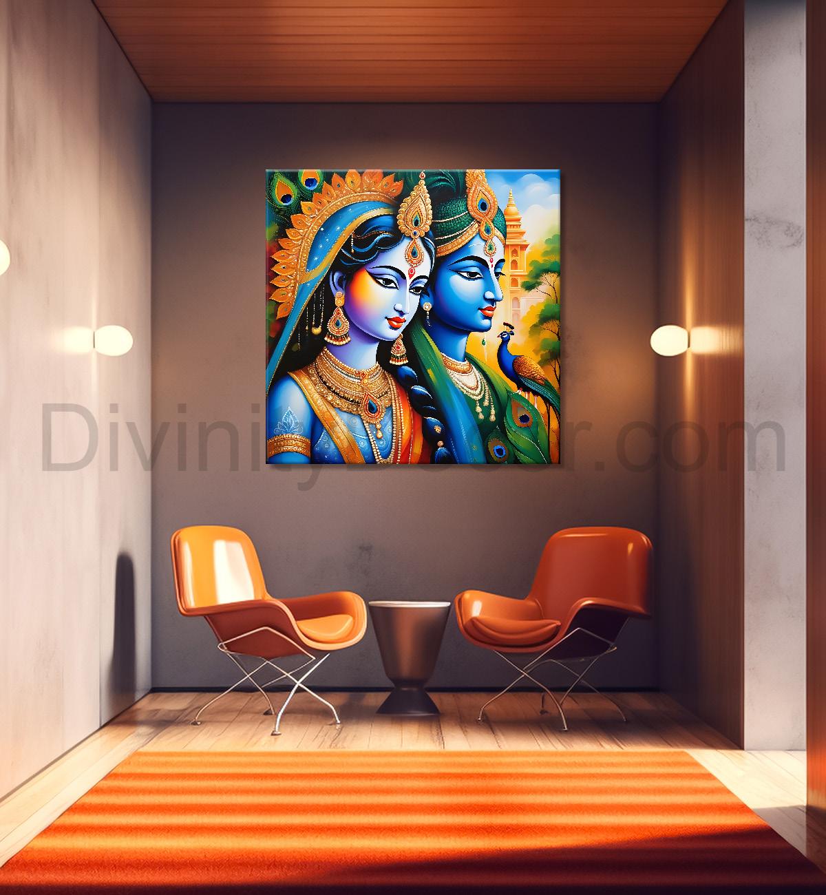 Blue face of krishna with radha in oil painting Canvas Painting 24X24- Design - Krishna-S-6