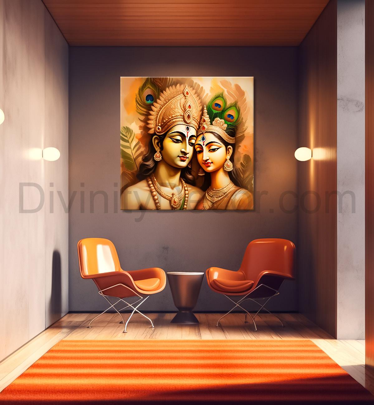 Krishna with radha in golden textued painting Canvas Painting 24X24- Design - Krishna-S-7