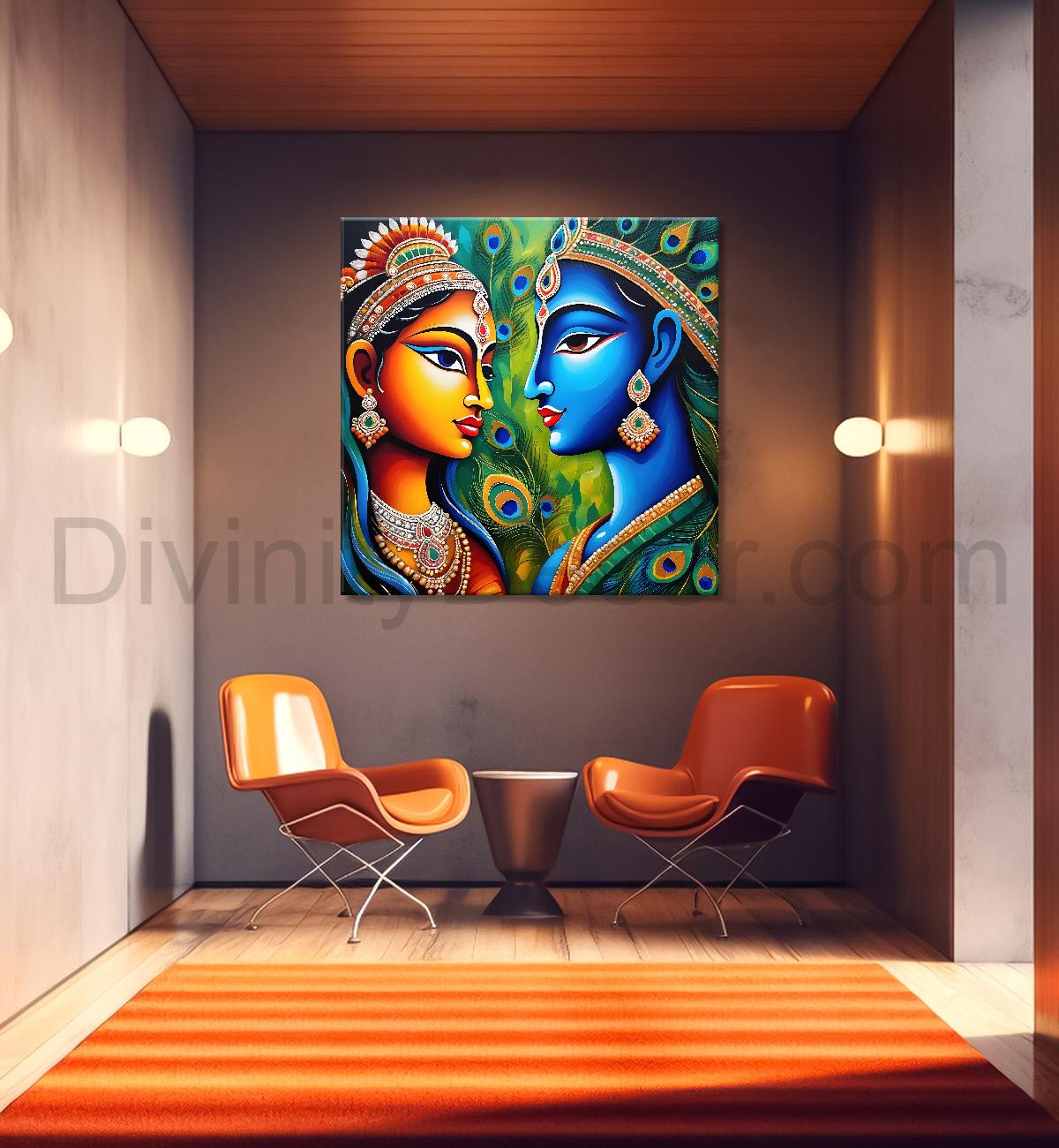 Blue face of krishna with radha in oil painting Canvas Painting 24X24- Design - Krishna-S-11