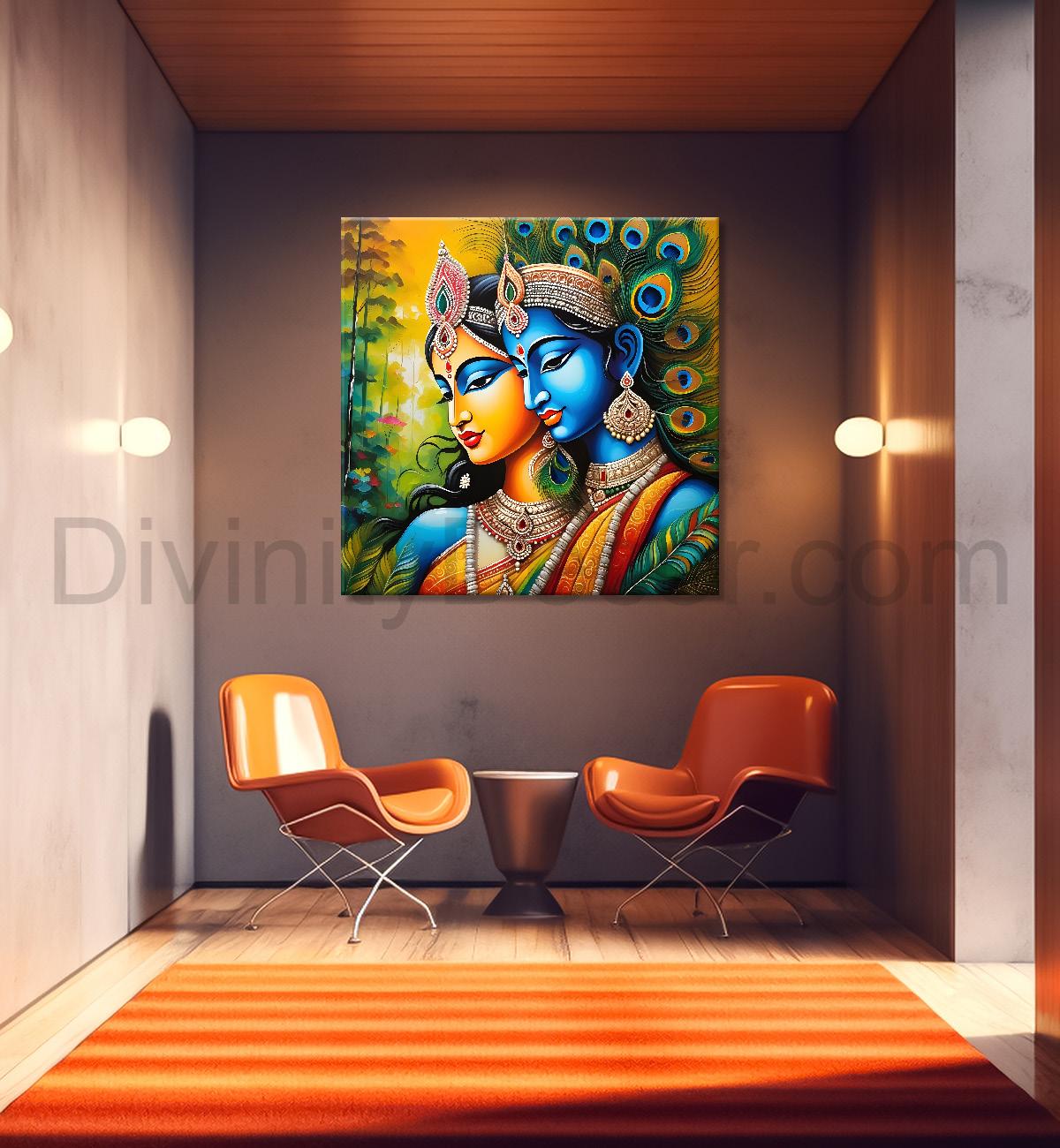 Blue face of krishna with radha in oil painting Canvas Painting 24X24- Design - Krishna-S-12