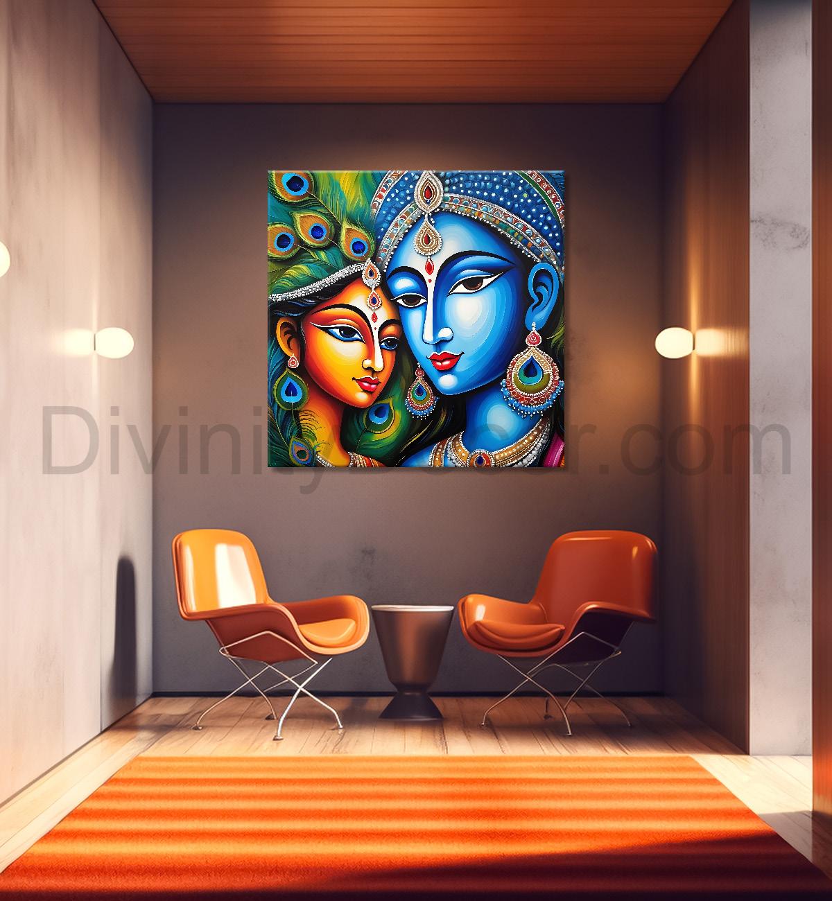 Blue face of krishna with radha in oil painting Canvas Painting 24X24- Design - Krishna-S-13